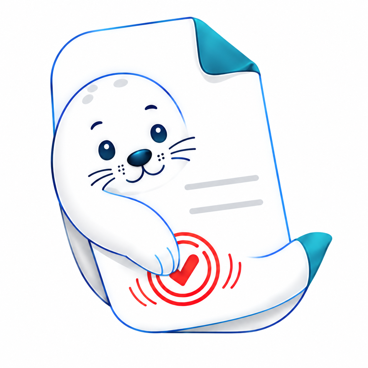The NERPI seal mascot with a document and a red stamp impression